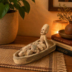 Mictlan Handcrafted Mexican Clay Sculpture of Mictlantecuhtli, Aztec God of Death Folk Art, Pre-Hispanic Skeleton Figure, Day of the Dead
