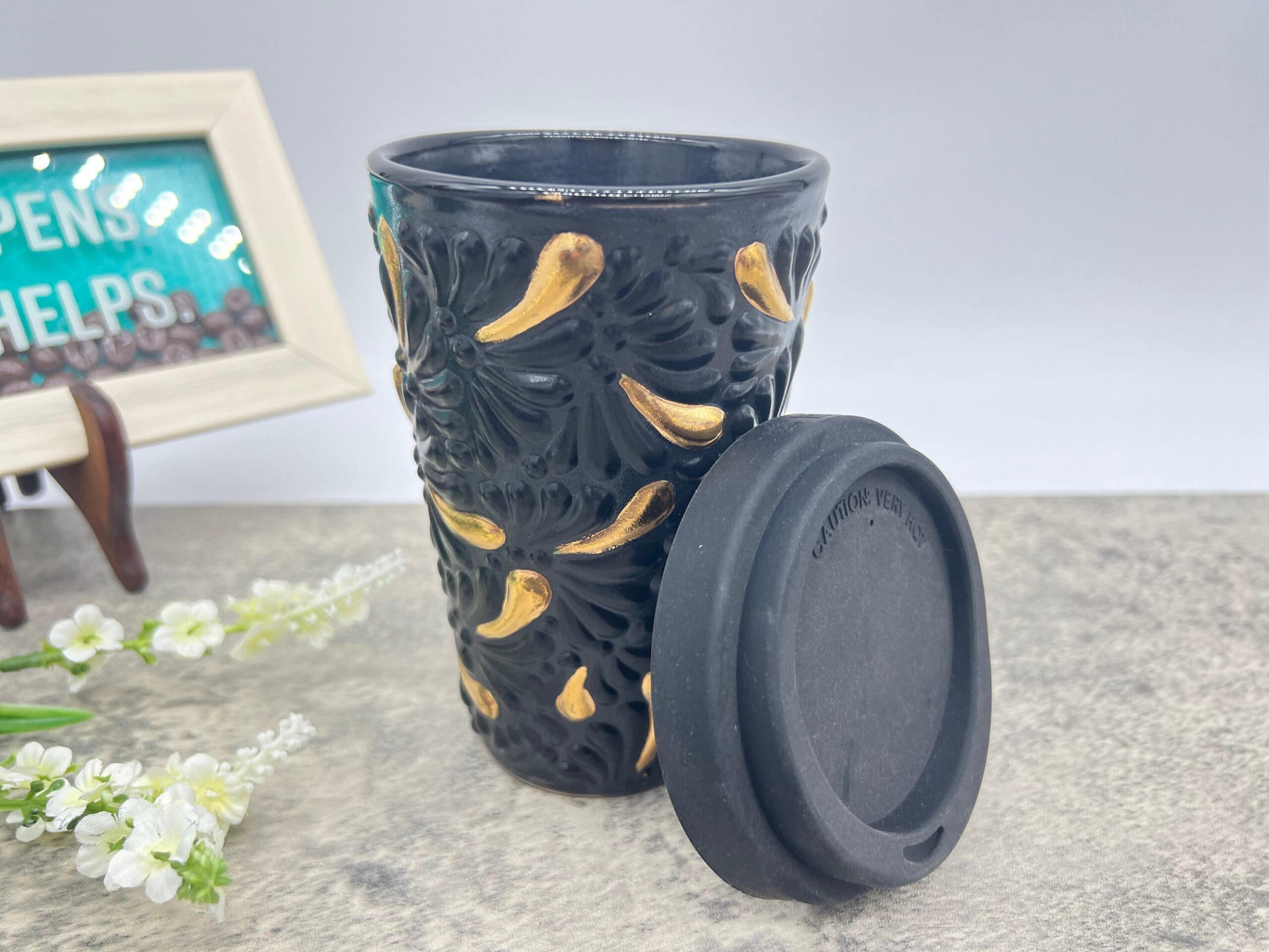 Cappuccino Cup, Gold Details, Puebla Talavera Pottery, Ceramic Thermos, Handmade Lead-Free Includes Lid - Image 3