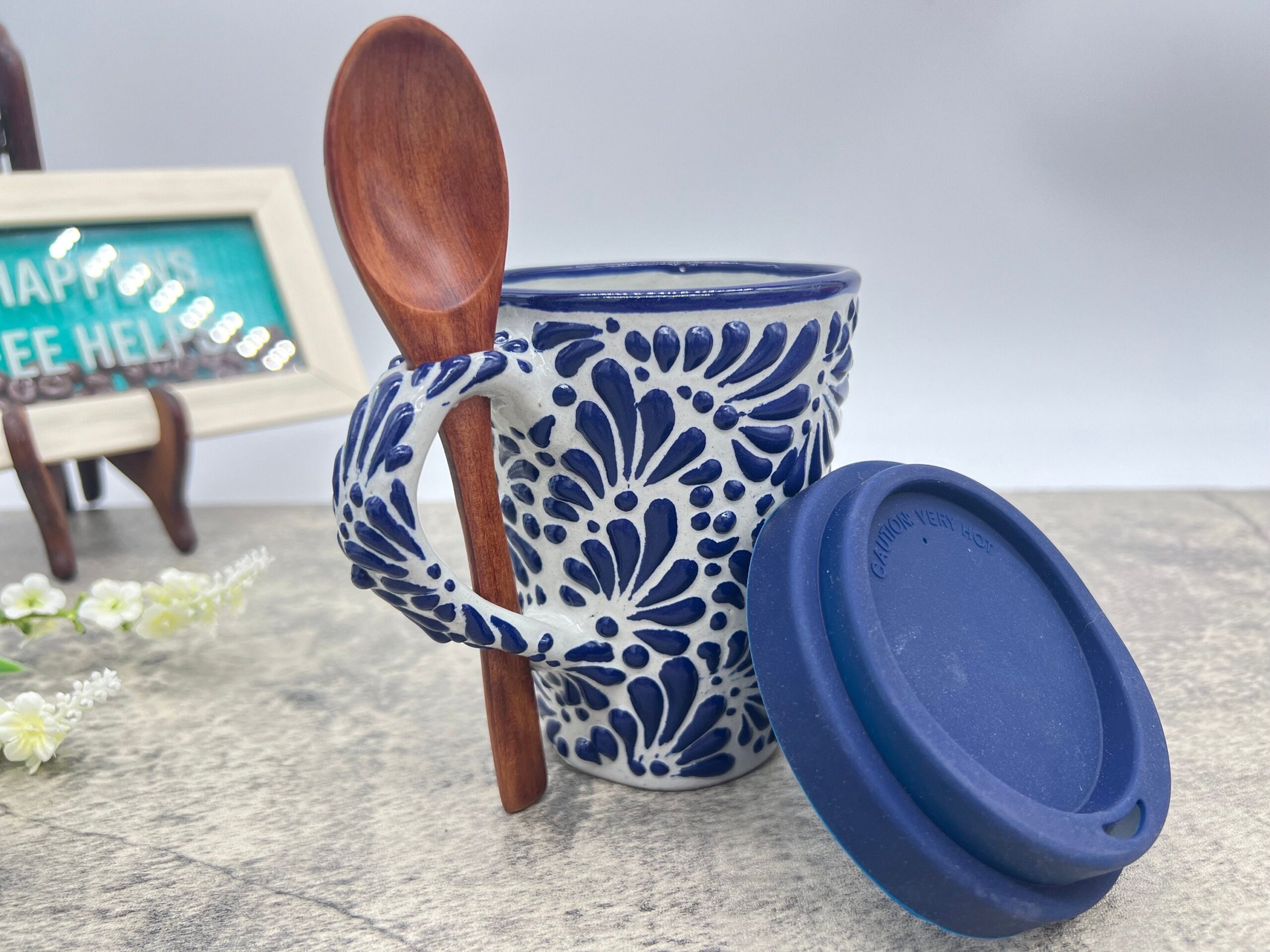 Cappuccino Cup, Wooden Spoon Mexican Coffee Mug, Puebla Talavera Pottery Thermo Handmade Lead-Free Includes Lid - Image 3