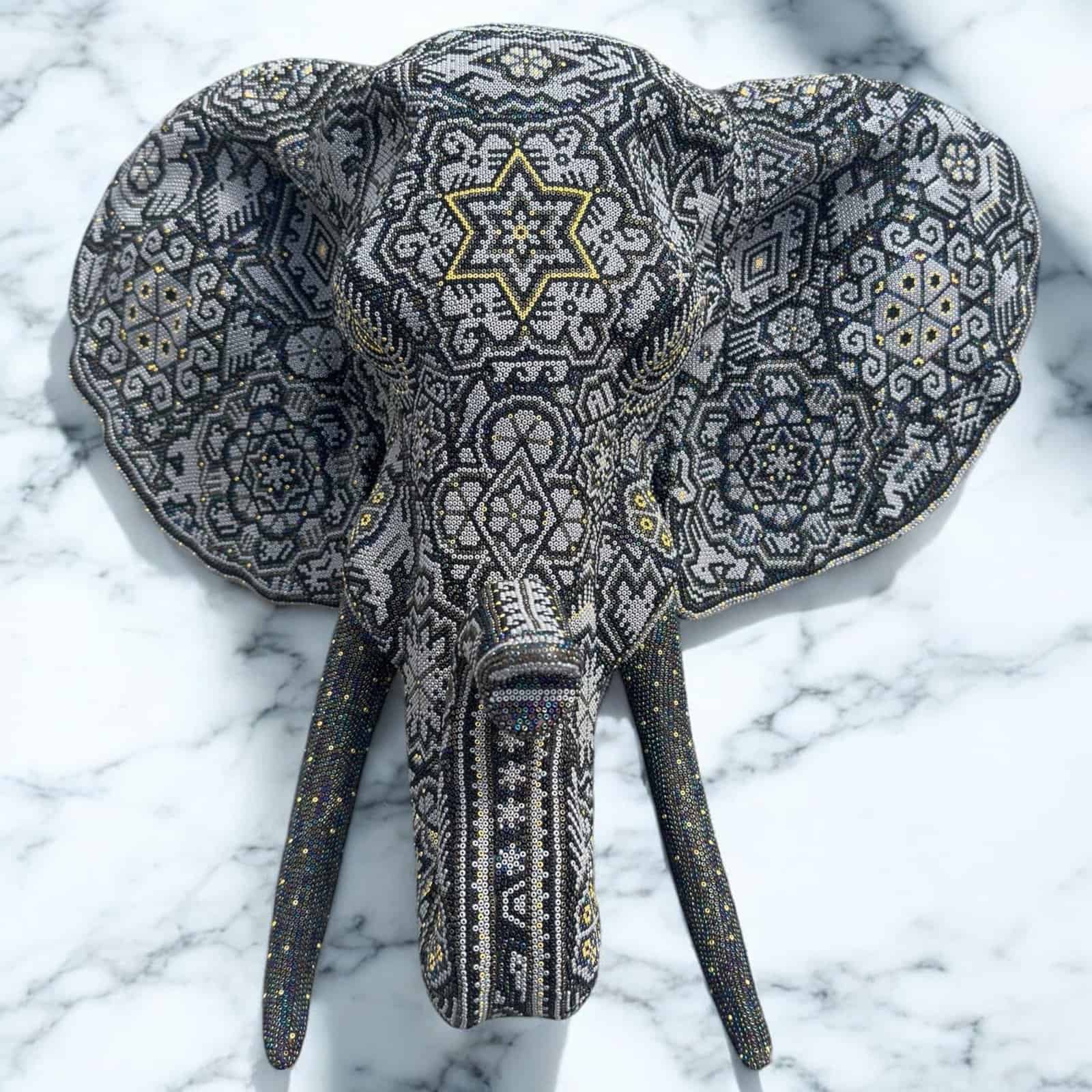 Big Elephant Statue Huichol Sculpture Of Mexican Folk Art, Wixarika As A Mexican Decorative Figure , Made Of Resin, Beads We “Customize” - Image 3