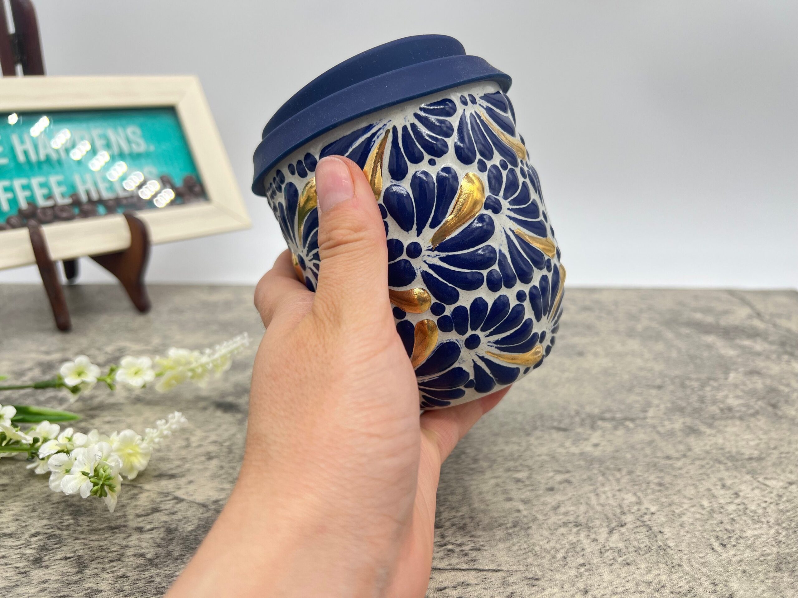 Cappuccino Cup Gold Details, Mexican Coffee Mug, Puebla Talavera Pottery, Ceramic Thermos Lead-Free Includes Lid - Image 3