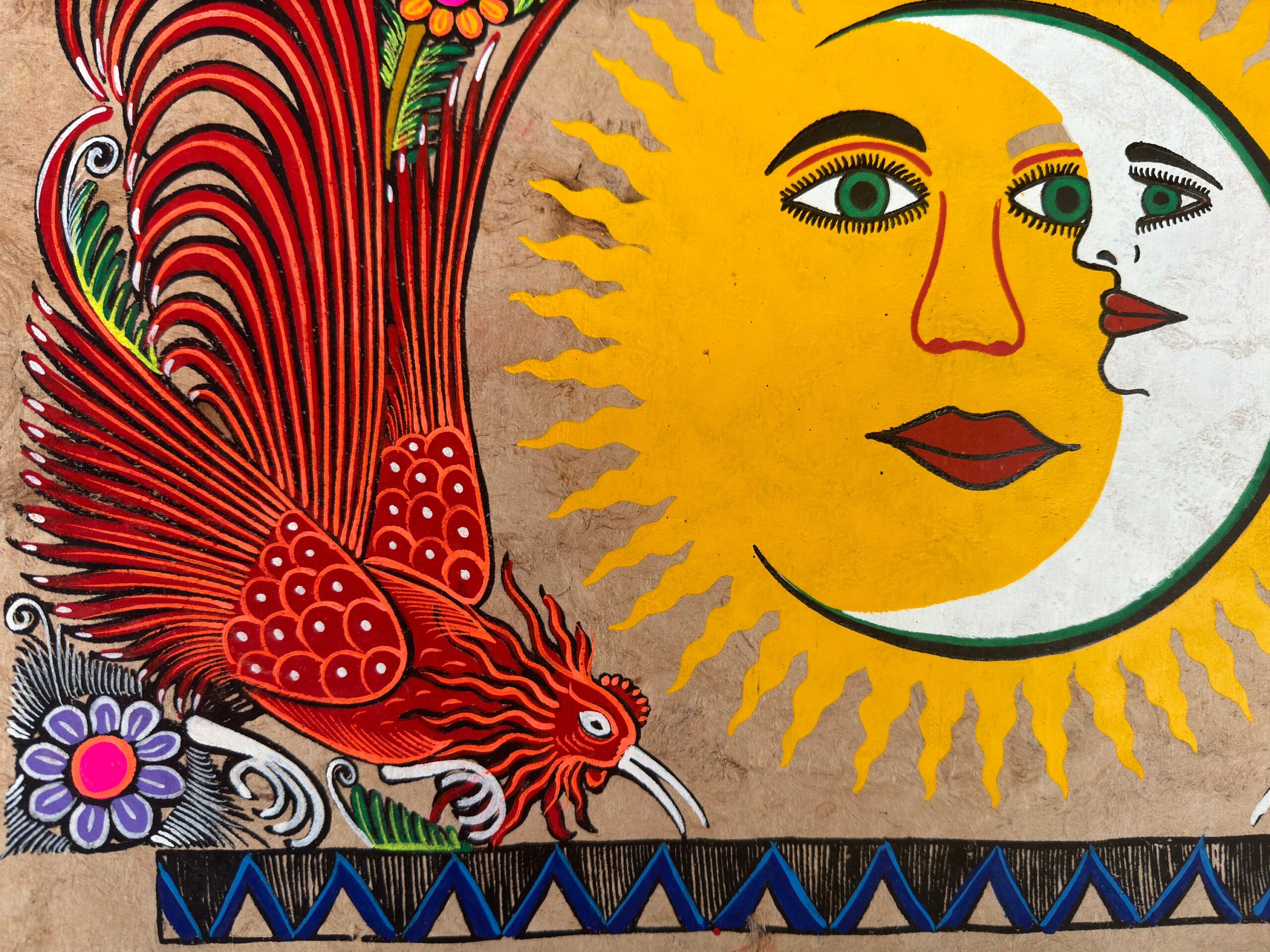 Sun & Moon painting painted on amate paper, original amate paintings in Mexican art, acrylic painting / Mexican painting authentic artisans - Image 3