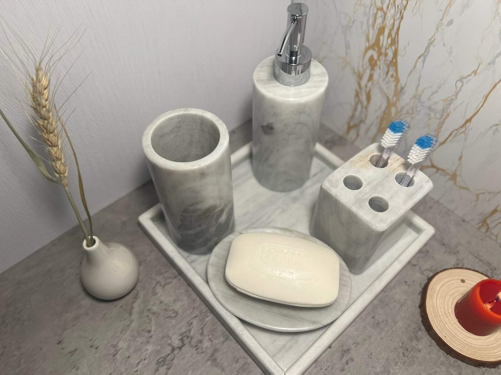 Bathroom decor, Soap dispenser, Bathroom accessories, Stone soap dispenser, Liquid soap holder, 5 piece gray set - Image 3