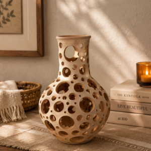 Oaxaca Vase White And Brown Clay Handcrafted Plant Pot, Pottery Luminary, White Clay Vase, Mexican Vase, Oaxaca Pottery For Home Decor