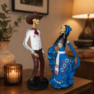 Couple (2) 10.5” Catrinas, Frida Kahlo Doll, Day of the dead, Human skeleton, Mexican decorations, Sugar skull Michoacan Made of Clay
