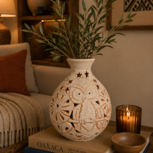 Oaxaca Vase White And Brown Clay Handcrafted Plant Pot, Pottery Luminary, White Clay Vase, Mexican Vase, Oaxaca Pottery For Home Decor