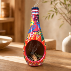 Mini Chimney Incense Burner Made Of Clay Hand Painted Guerrero, Culture Of Mexico Candle Holder For Indoor Home Decor With Vibrant Colors
