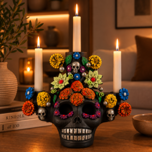 Skull Candle Holder (3) Michoacan Clay - Artisanal Handcrafted Mexican Decor, Unique Gothic Home  Decor, Day of the Dead