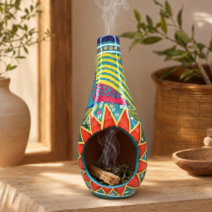 Mini Chimney Incense Burner Made Of Clay Hand Painted Guerrero, Culture Of Mexico Candle Holder For Indoor Home Decor With Vibrant Colors