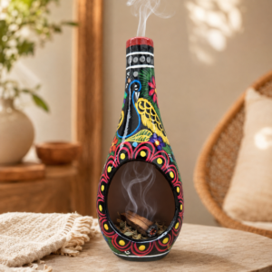 Mini Chimney Incense Burner Made Of Clay Hand Painted Guerrero, Culture Of Mexico Candle Holder For Indoor Home Decor With Vibrant Colors