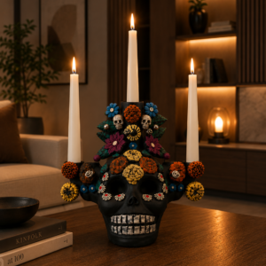 Skull Candle Holder (3) Michoacan Clay - Artisanal Handcrafted Mexican Decor, Unique Gothic Home  Decor, Day of the Dead