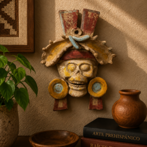 Mictlan Mask Mexican Clay Sculpture of Mictlantecuhtli, Aztec God of Death Folk Art, Pre-Hispanic Skeleton Figure