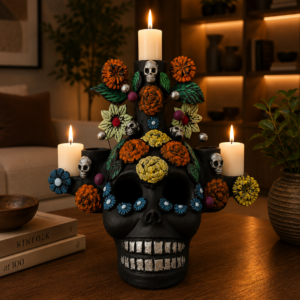 Skull Candle Holder (3) Michoacan Clay - Artisanal Handcrafted Mexican Decor, Unique Gothic Home  Decor, Day of the Dead