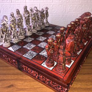 Chess set 16.53” x 16.53”, Resin Chess set in red and white, Mexican chess, Chess set handmade, Wooden chess, Doubles as a book