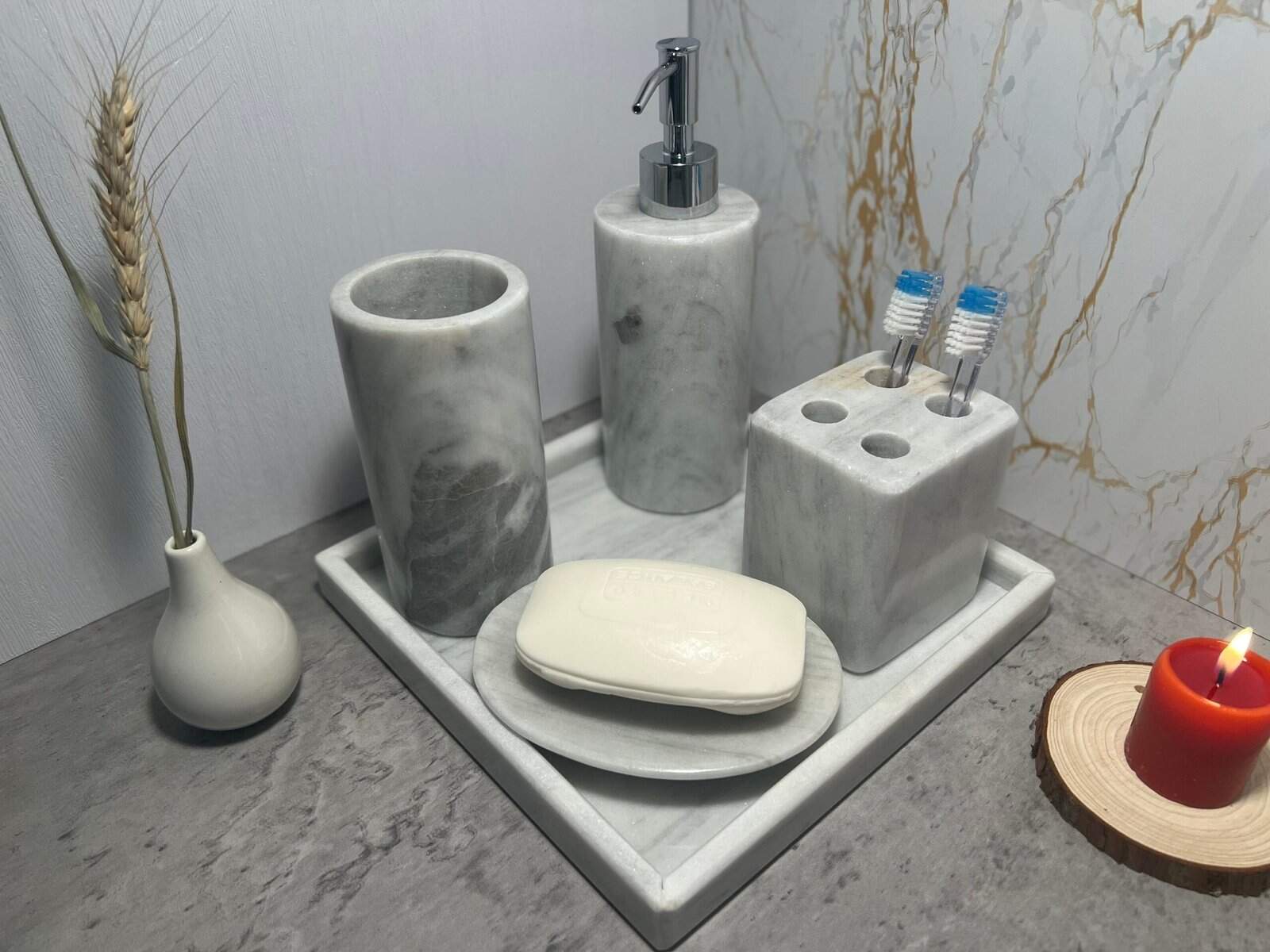 Bathroom decor, Soap dispenser, Bathroom accessories, Stone soap dispenser, Liquid soap holder, 5 piece gray set - Image 2