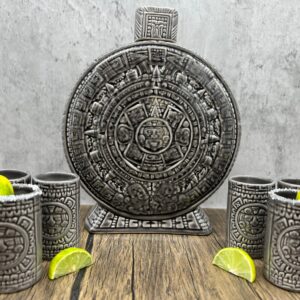 Gray Ceramic Aztec Calendar Tequila Shot Glass, Guadalajara Tequila and Mezcal, Unique Set as father's day gift, Tequila set of 8 pieces