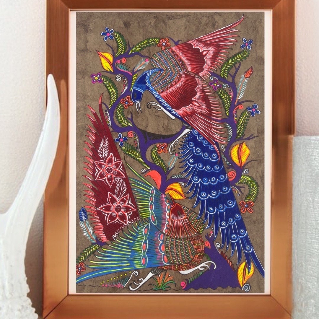 Bird painting painted on amate paper, original amate paintings in Mexican art, acrylic painting / Mexican painting - Image 1