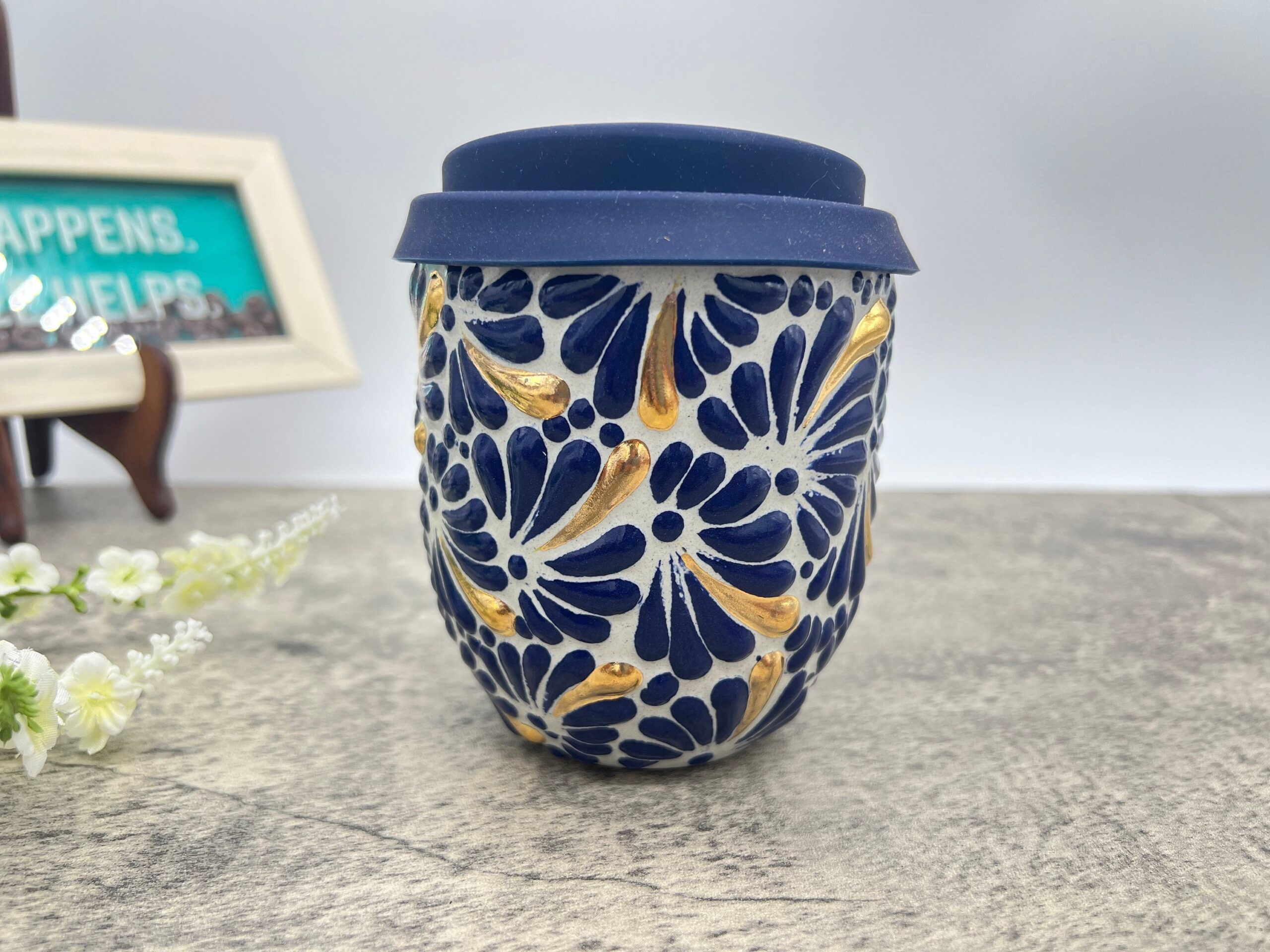 Cappuccino Cup Gold Details, Mexican Coffee Mug, Puebla Talavera Pottery, Ceramic Thermos Lead-Free Includes Lid - Image 2