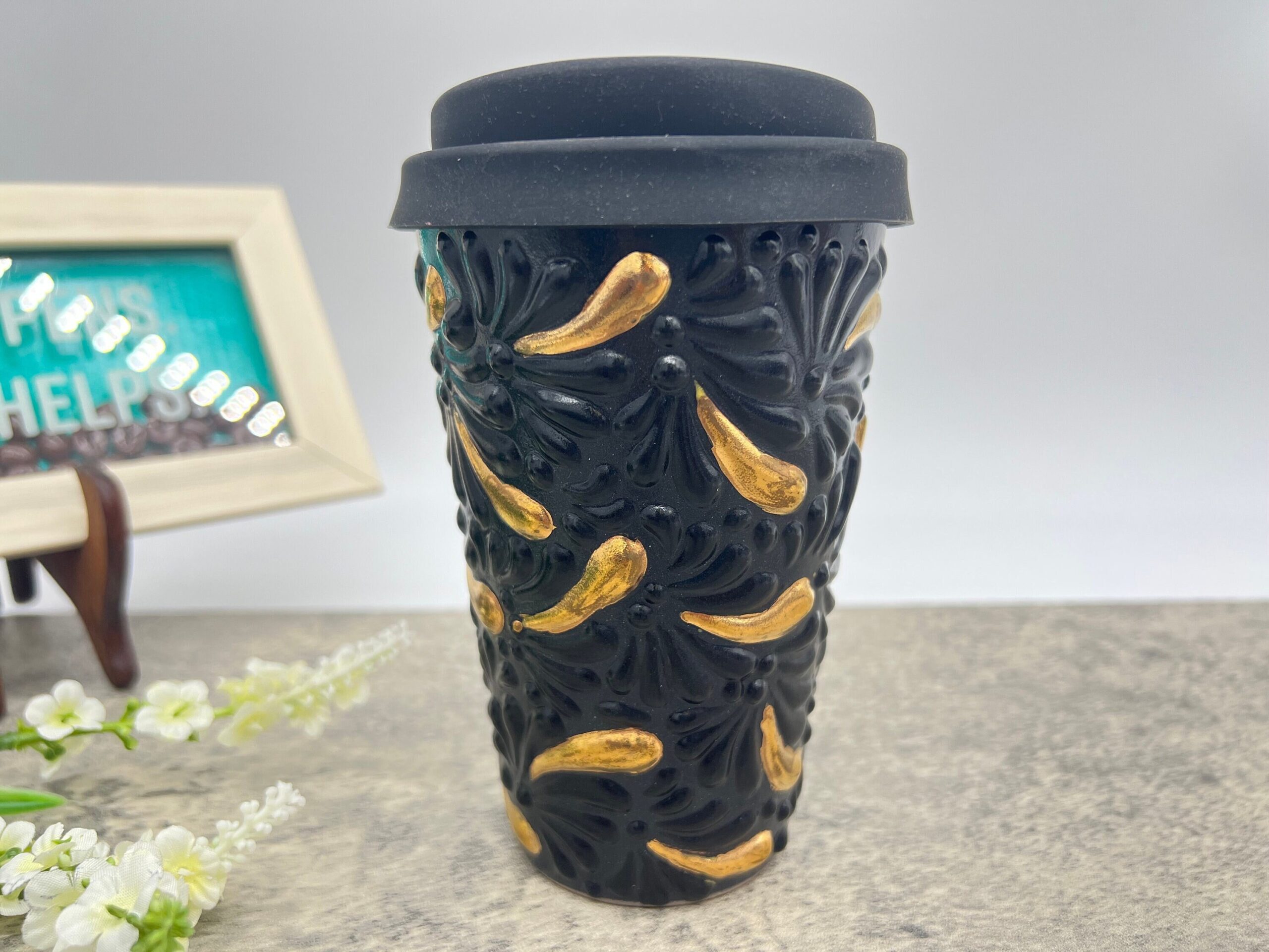 Cappuccino Cup, Gold Details, Puebla Talavera Pottery, Ceramic Thermos, Handmade Lead-Free Includes Lid - Image 2