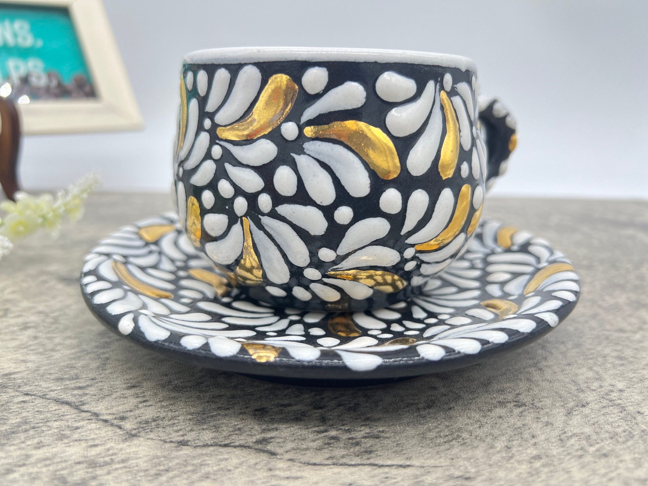 Cappuccino Cup Gold Mexican Coffee Mug, Puebla Talavera Pottery, Ceramic Thermos, Handmade Lead-Free - Image 2