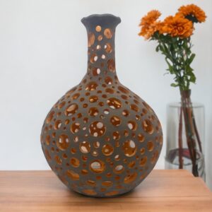 Oaxaca Vase White And Brown Clay Handcrafted Plant Pot, Pottery Luminary, White Clay Vase, Mexican Vase, Oaxaca Pottery For Home Decor