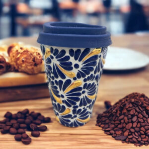 Cappuccino Cup Gold Details, Mexican Coffee Mug, Puebla Thermo Handmade Lead-Free Includes Lid