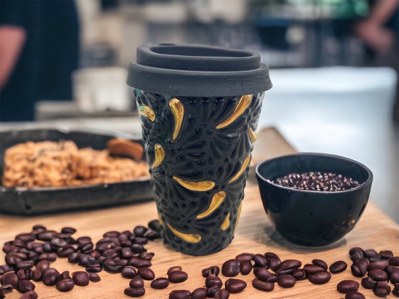 Cappuccino Cup, Gold Details, Puebla Talavera Pottery, Ceramic Thermos, Handmade Lead-Free Includes Lid - Image 1