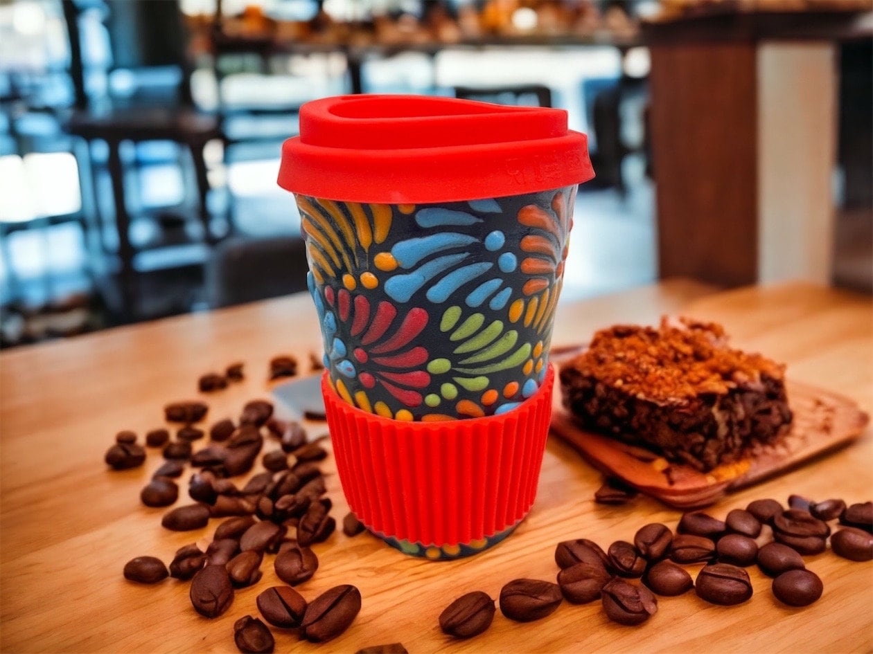 Cappuccino Cup, Mexican Coffee Mug, Puebla Talavera Pottery, Ceramic Thermos, Lead-Free Includes Lid - Image 1