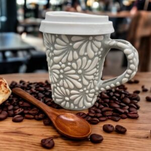 Cappuccino Cup, Wooden Spoon Mexican Coffee Mug, Puebla Talavera Pottery, Ceramic Thermos, Handmade Lead-Free Includes Lid, Custom Available
