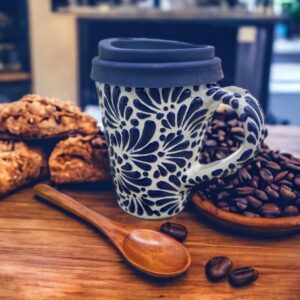 Cappuccino Cup, Wooden Spoon Mexican Coffee Mug, Puebla Talavera Pottery Thermo Handmade Lead-Free Includes Lid