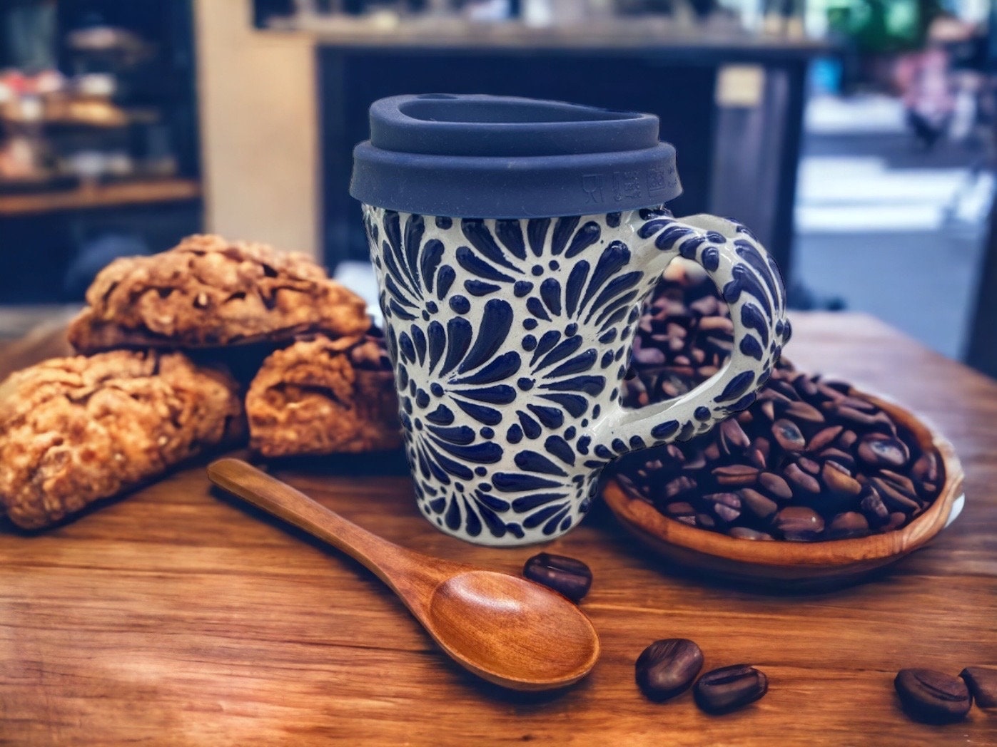 Cappuccino Cup, Wooden Spoon Mexican Coffee Mug, Puebla Talavera Pottery Thermo Handmade Lead-Free Includes Lid - Image 1