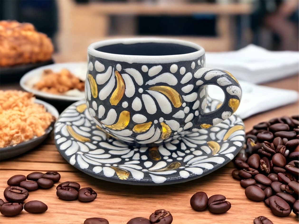 Cappuccino Cup Gold Mexican Coffee Mug, Puebla Talavera Pottery, Ceramic Thermos, Handmade Lead-Free - Image 1
