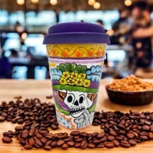 Cappuccino Skull Cup, Frida Mexican Coffee Mug, Puebla Talavera Pottery, Ceramic Thermos, Lead-Free Includes Lid