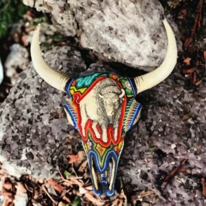 Bull Sculpture Huichol Statue Of Mexican Folk Art, Bighorn Sheep Wixarika As A Mexican Decorative Figure, Made Of Resin And Beads