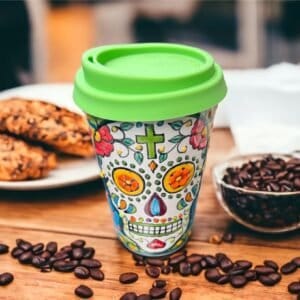 Cappuccino Cup, Dia De Los Muertos Mexican Coffee Mug, Puebla Talavera Pottery, Ceramic Thermos, Lead-Free