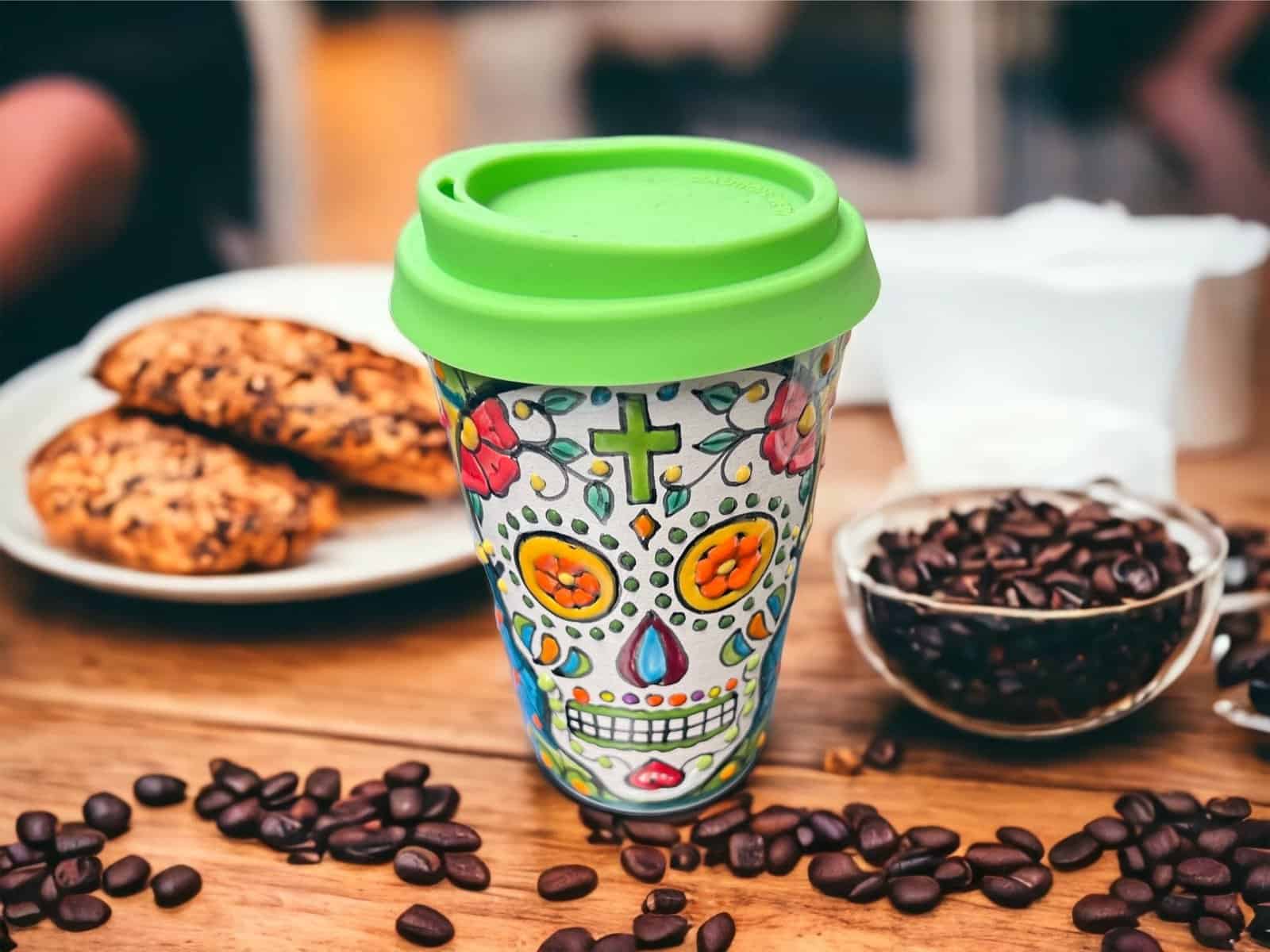 Cappuccino Cup, Dia De Los Muertos Mexican Coffee Mug, Puebla Talavera Pottery, Ceramic Thermos, Lead-Free - Image 1