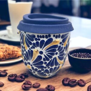 Cappuccino Cup Gold Details, Mexican Coffee Mug, Puebla Talavera Pottery, Ceramic Thermos Lead-Free Includes Lid