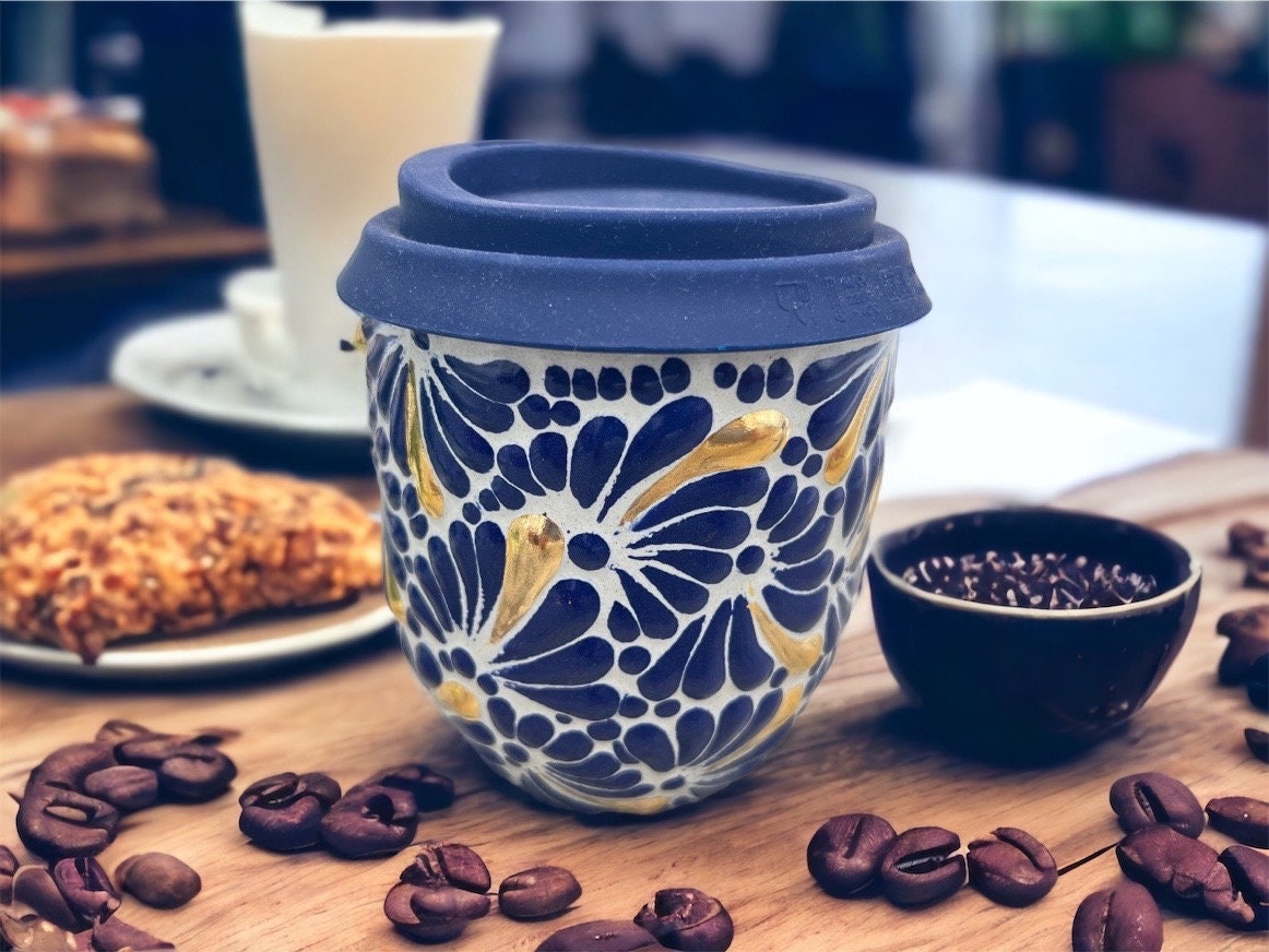 Cappuccino Cup Gold Details, Mexican Coffee Mug, Puebla Talavera Pottery, Ceramic Thermos Lead-Free Includes Lid - Image 1