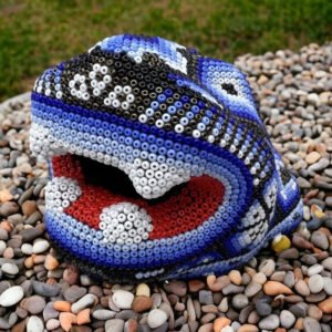 Jaguar Statue  Huichol Sculpture Of Mexican Folk Art, Panther Wixarika As A Mexican Decorative Figure , Made Of Resin And Beads