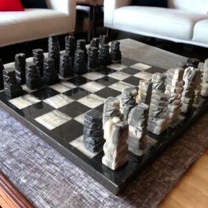 LARGE Chess set 13.77” x 13.77”, Marble Chess set in black and gray, Stone Chess Set, Chess set handmade, Aztec chess set