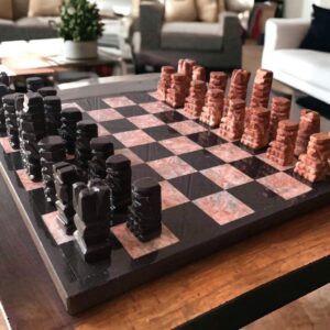 LARGE Chess set 13.77” x 13.77”, Marble Chess set in black and pink, Stone Chess Set, Chess set handmade, Aztec chess set