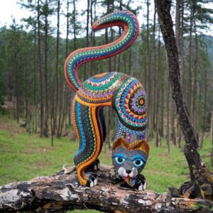 Cat Statue Mexican Folk Art Alebrije Sculpture, Wooden As Mexican Decoration Figurine, Made Of Wood And Carved By Hand