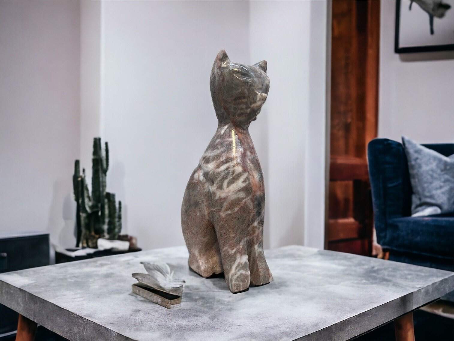 Cat statue, Cat figurine, Stone cat sculpture, Cat carving, White cat figurine, Carved stone animal - Image 1