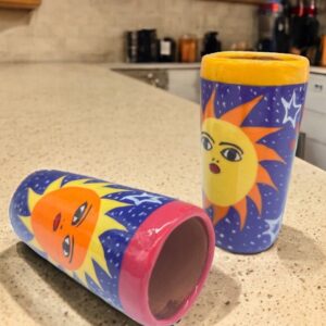 Tequila Shot Glasses (2) Pair Of Clay Hand Painted Guerrero, Culture Of Mexico in a Shot Glass Lead Free Acrylic Paint And Varnished