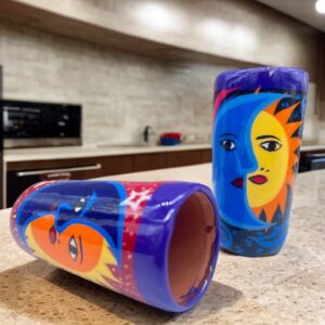 Tequila Shot Glasses (2) Pair Of Clay Hand Painted Guerrero, Culture Of Mexico in a Shot Glass Lead Free Acrylic Paint And Varnished