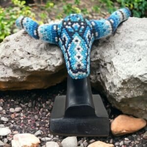 Bull Sculpture Huichol Statue Of Mexican Folk Art, Bighorn Sheep Wixarika As A Mexican Decorative Figure, Made Of Resin And Beads