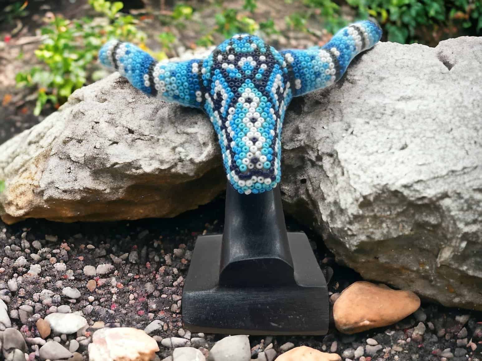 Bull Sculpture Huichol Statue Of Mexican Folk Art, Bighorn Sheep Wixarika As A Mexican Decorative Figure, Made Of Resin And Beads - Image 1
