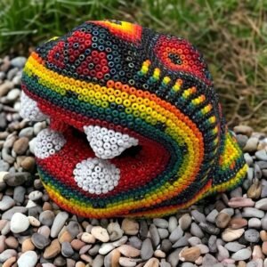 Jaguar Statue  Huichol Sculpture Of Mexican Folk Art, Panther Wixarika As A Mexican Decorative Figure , Made Of Resin And Beads