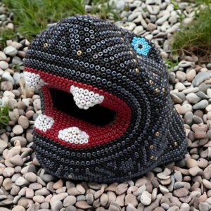 Jaguar Statue  Huichol Sculpture Of Mexican Folk Art, Panther Wixarika As A Mexican Decorative Figure , Made Of Resin And Beads