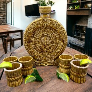 Gold Ceramic Aztec Calendar Tequila Shot Glass, Guadalajara Tequila and Mezcal, Unique Set as father's day gift, Tequila set of 8 pieces